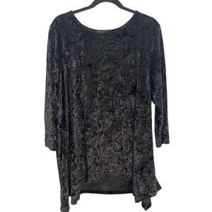 Ruby Rd Burnout Velvet Paisley Tunic Top Asym Hem 3/4 Sleeve Black XL Whimsigoth